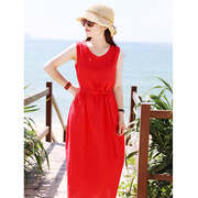 [Red mùa hè ~ đỏ] mười gỗ mét ban đầu 2018 mùa hè mới du lịch nghệ thuật linen vest váy với một vành đai