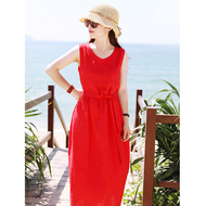 [Red mùa hè ~ đỏ] mười gỗ mét ban đầu 2018 mùa hè mới du lịch nghệ thuật linen vest váy với một vành đai đầm xòe tuổi trung niên