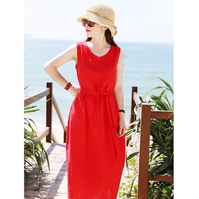 [Red mùa hè ~ đỏ] mười gỗ mét ban đầu 2018 mùa hè mới du lịch nghệ thuật linen vest váy với một vành đai đầm xòe tuổi trung niên Sản phẩm HOT