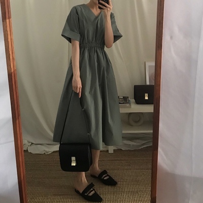 [BP] Hàn Quốc INS Tối Sở Tối Giản Retro Hepburn Gió Eo Mỏng V-Cổ Dress OPS váy đầm