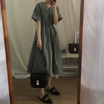 [BP] Hàn Quốc INS Tối Sở Tối Giản Retro Hepburn Gió Eo Mỏng V-Cổ Dress OPS mẫu váy hè 2021 váy đầm