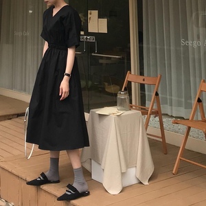 [BP] Hàn Quốc INS Tối Sở Tối Giản Retro Hepburn Gió Eo Mỏng V-Cổ Dress OPS mẫu váy hè 2021