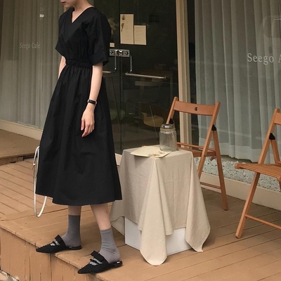 [BP] Hàn Quốc INS Tối Sở Tối Giản Retro Hepburn Gió Eo Mỏng V-Cổ Dress OPS váy đầm