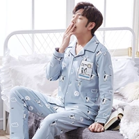 Bộ đồ ngủ nam mùa xuân và mùa thu cotton dài tay mùa thu và mùa đông thanh niên giản dị đồ pijama nam trung niên