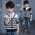 Mùa xuân và mùa thu 2019 Trẻ em mặc áo thun đáy cổ áo dài tay Cotton giả 2 mảnh Big Boy Tops - Áo thun