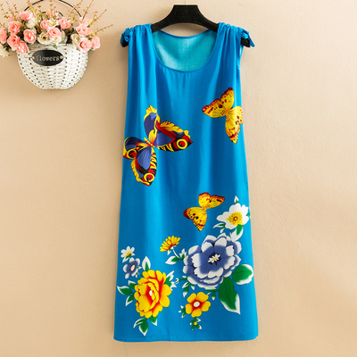 32Fat mm Big size pajamas female summer Nightdress poplin  Medium and long term easy Thin middle age female robe camisole Over the knee vest