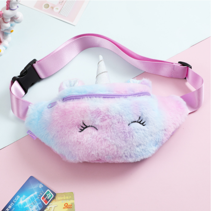 Blue Tie Dye Unicorntie-dyed Plush unicorn Pocket Pink girl One shoulder Inclined shoulder bag lovely Cartoon children student Chest pack Satchel