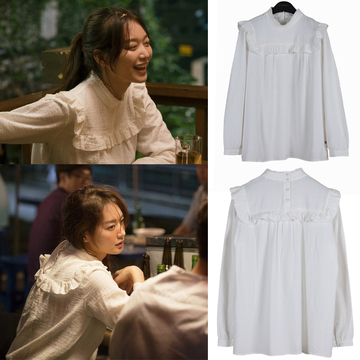 2017韩国明天和你申敏儿同款小清新文艺荷叶边长袖立领纯棉衬衫女