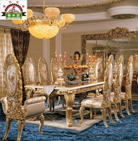 Европейский стиль сплошной деревянный обеденный стол и стул Комбинированный корт рисунок золотой прямоугольный обеденный стол итальянский обеденный стол один стол шесть стул Комбинация