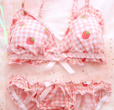 包邮草莓格子少女无钢圈睡眠文胸网纱粉软妹甜美学生内衣套装-淘宝网