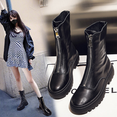 Женские сапоги 马丁靴女2020新款秋季英伦风厚底前拉链百搭网红瘦瘦靴黑色小短靴