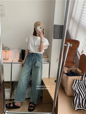 Брюки 韩d sol*r 清爽水洗色 帅气有型小阔腿九分牛仔裤