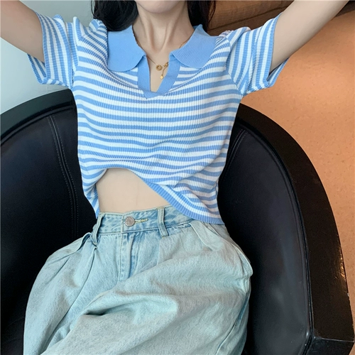 Тонкая короткая сексуальная трикотажная футболка, воротник поло, короткий рукав, высокая талия