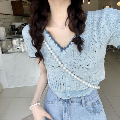 taobao agent T-shirt, summer clothing, short cardigan, jacket, with short sleeve, V-neckline, western style