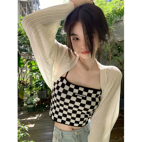 Белый короткий трикотажный осенний демисезонный кардиган, накидка, тонкий жилет, защита от солнца, городской стиль