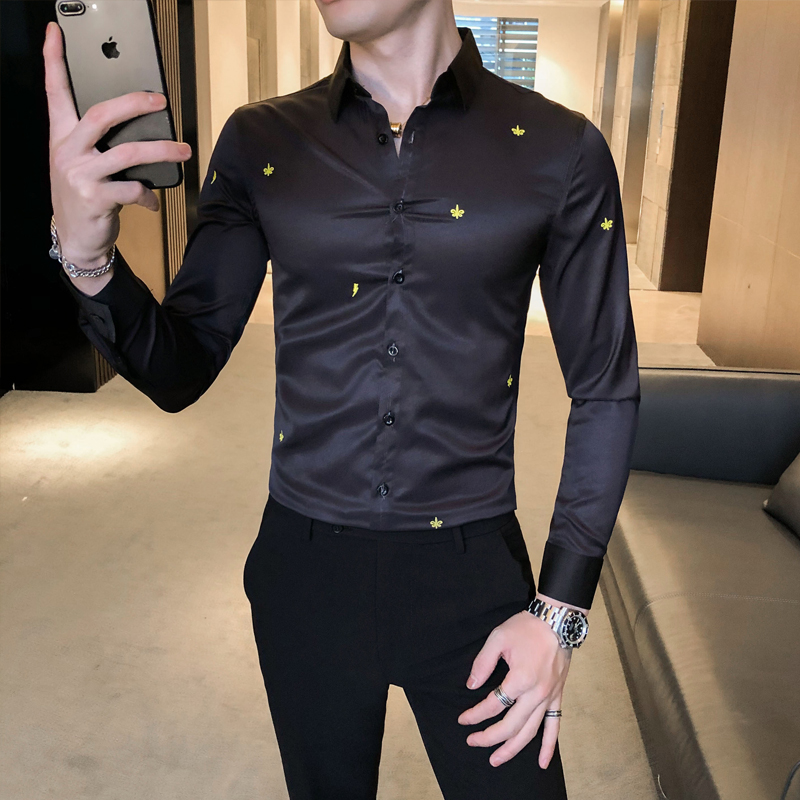 Social lad leisure slim fit autumn printed embroidered long sleeve shirt men's shirt black a236-9830-p60