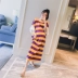 Thai sản mặc 2018 mùa hè mới vẻ đẹp trở lại màu sọc ruffle tay áo lỏng dài phụ nữ mang thai t- shirt váy han