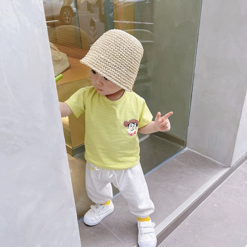 Летний детский хлопковый мультяшный тонкий жакет, короткий рукав, свободный крой, в корейском стиле