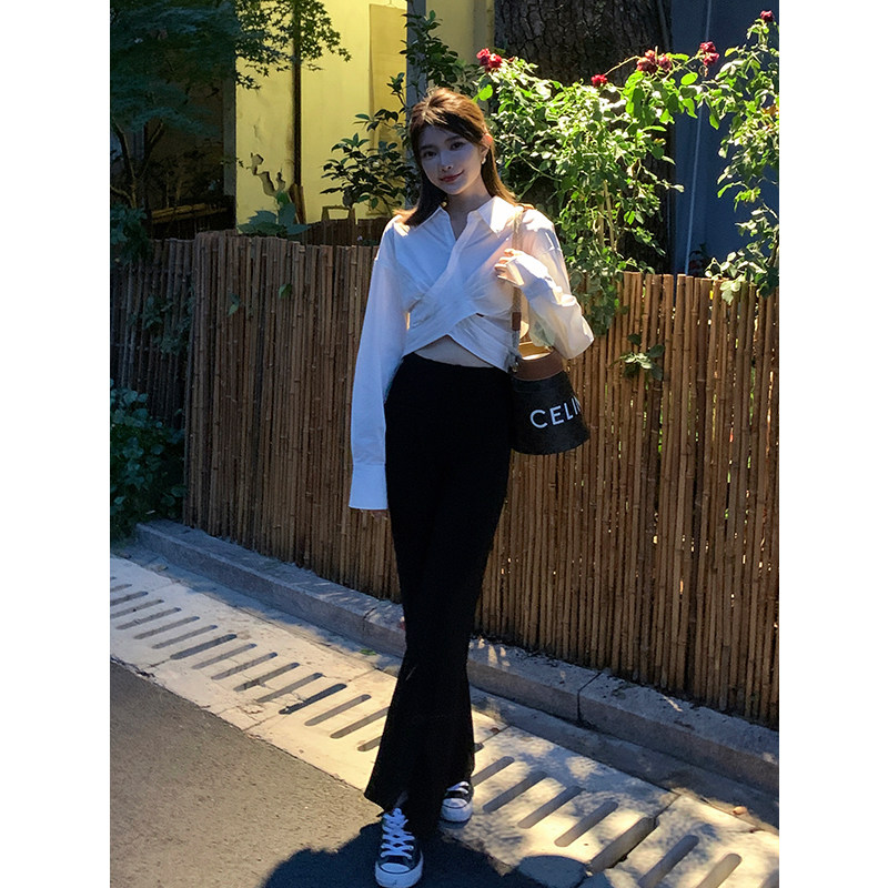 Mukok's 2022 autumn new white pleated design Korean-style top, elegant and fitted long-sleeved shirt for women Specification image