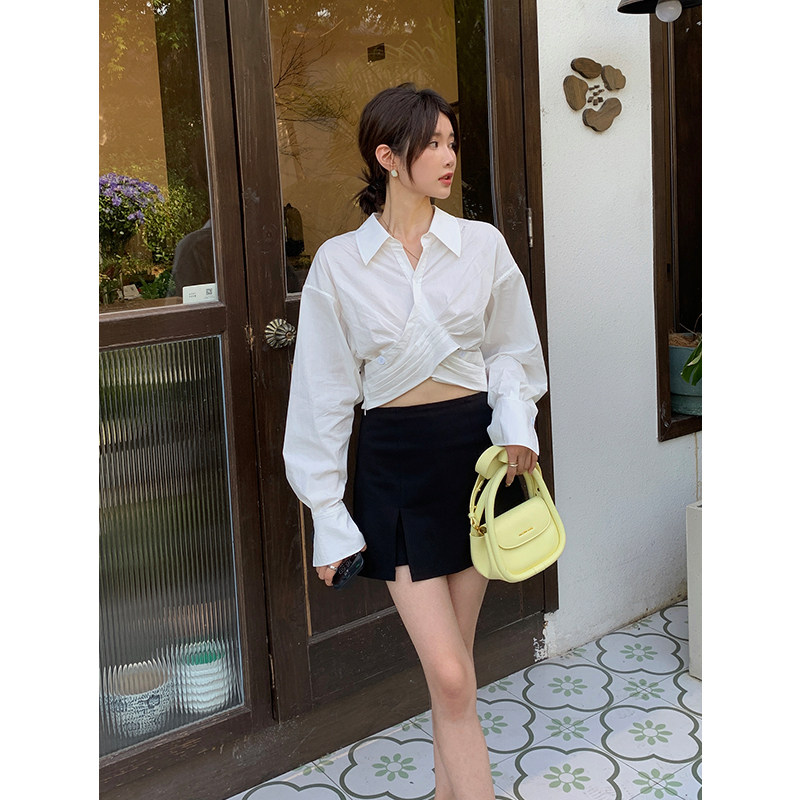 Mukok's 2022 autumn new white pleated design Korean-style top, elegant and fitted long-sleeved shirt for women Item Picture