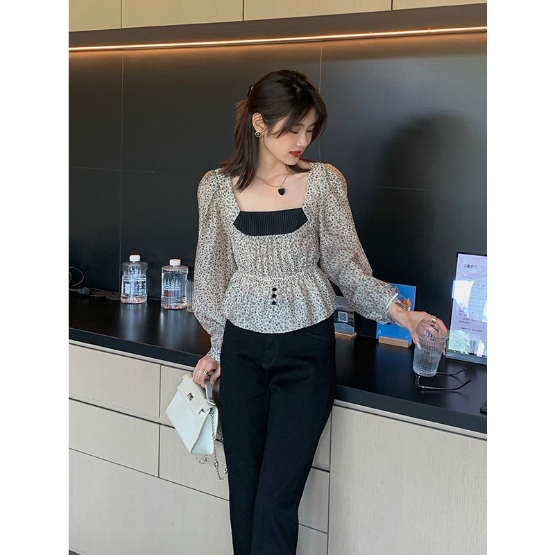 MUKOK2022 Autumn New polka dot long-sleeved pullover design, a youthful square-neck short chiffon blouse for women Specification image