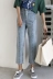 Retro Hồng Kông hương vị sang trọng Hàn Quốc phiên bản của rửa cũ đa túi lưỡi chín điểm jeans cao eo hoang dã thẳng quần phụ nữ Quần jean