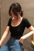 Mùa hè của phụ nữ Hàn Quốc phiên bản của sang trọng hoang dã hit màu bên thấp vòng cổ Slim nền tảng lớn U-cổ ngắn tay T-Shirt top