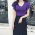 Mùa hè của phụ nữ Hàn Quốc phiên bản của lá sen tay áo len của phụ nữ đầu V-Cổ ngắn tay t-shirt là mỏng đáy chic áo sơ mi nữ