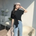 2018 mùa hè mới Hàn Quốc phiên bản của hoang dã vòng cổ tháp đầu không thường xuyên hem chữ thập thắt nút màu rắn ngắn tay T-Shirt phụ nữ Áo phông