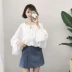 2018 mùa xuân mới Hàn Quốc phiên bản của chic ngọt lá sen bên dẫn dài tay áo sơ mi áo sơ mi chiffon top