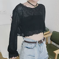 2018 mùa xuân mới Hàn Quốc phiên bản của Hồng Kông hương vị chic rắn màu loose gỗ tai ngắn đoạn quan điểm dài tay T-Shirt của phụ nữ áo sơ mi áo phông nữ cao cấp