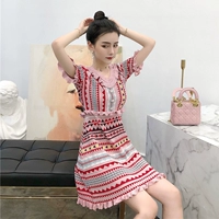 Retro chic eo hồng bằng gỗ tai V-Cổ ngắn tay đan váy dài Pháp nhỏ hương thơm ăn mặc 	váy buộc dây eo