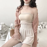 Mùa xuân và mùa hè mới của Hàn Quốc tính khí lưới căng ống top + đan móc hoa cao eo tai gỗ rộng quần short chân phù hợp với váy nữ