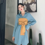 Hồng Kông-phong cách retro chic mùa xuân dài màu rắn dài tay ve áo + dây đeo nơ bọc ngực hai mảnh