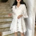 Mùa hè mới Hàn Quốc phiên bản của phong cách sang trọng tính khí V-Cổ voan tua lỏng một từ búp bê váy trong eo váy A-Line Váy