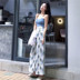 Hồng Kông hương vị retro chic gió slim slimming màu xanh đan sling vest + cao eo in chân rộng quần phù hợp với đồ bộ kiểu đẹp 2021 Bộ đồ