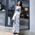 Hồng Kông hương vị retro chic gió slim slimming màu xanh đan sling vest + cao eo in chân rộng quần phù hợp với váy đầm đẹp Bộ đồ