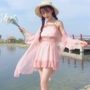 Mùa hè Hàn Quốc phiên bản của nhỏ tươi voan tai gỗ dây đeo + xếp li eo cao quần short + quần áo chống nắng ba mảnh phù hợp với kiểu đồ bộ