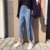 Mùa xuân mới của Hàn Quốc phiên bản của retro màu sắc hoang dã phù hợp với rửa quần không thường xuyên viền cao eo thẳng jeans triều nữ