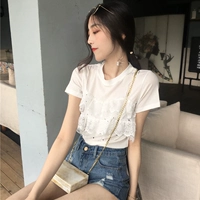 Mùa hè mới của Hàn Quốc phiên bản của chic ren khâu giả hai mảnh áo sơ mi hoang dã cổ tròn ngắn tay đan áo len T-Shirt áo phông rộng