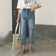 Mùa hè ăn mặc Hồng Kông hương vị lỏng hoang dã thẳng quần thường phần mỏng cao eo là lỗ mỏng jeans chân rộng chín quần phụ nữ