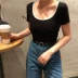 Mùa hè của phụ nữ Hàn Quốc phiên bản của sang trọng hoang dã hit màu bên thấp vòng cổ Slim nền tảng lớn U-cổ ngắn tay T-Shirt top