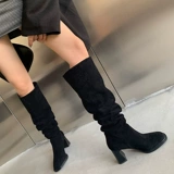 Yuan Circle Corean Eunni ~ Retro Толстая каблука куча ботинок High Boots, сгибает сапоги Western Denim Jeave Boots