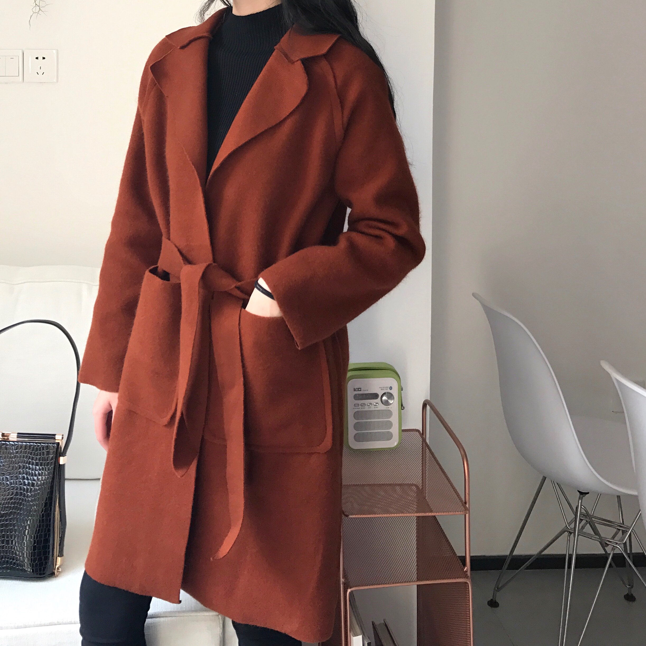 实拍2503#秋冬新款双面呢大衣廓形长款西装领过膝毛呢外套女宽松