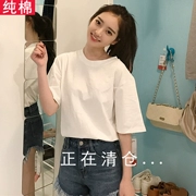 Áo nữ ngắn tay 2019 mới của Hàn Quốc Quần lửng nữ rộng rãi áo thun cotton nữ Han Fan sơ mi trắng giản dị - Áo phông