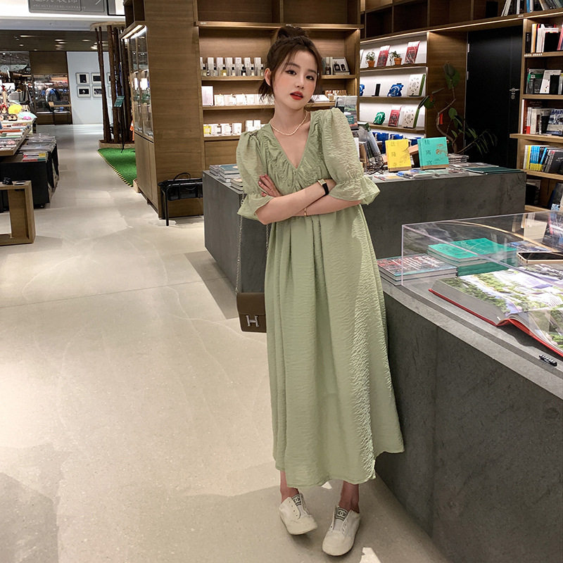 2022 Summer gentle style collarless lace-up V-neck dress, women's lace-up waist slimming A-line dress Specification image