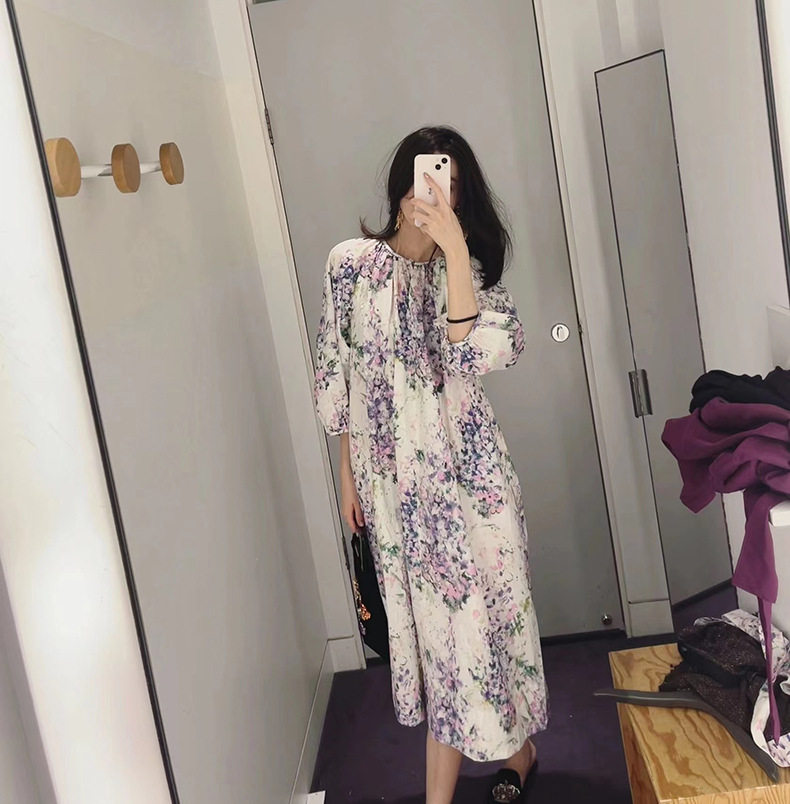 2022 Summer New stylish printed dress, round neck, five-quarter sleeves, loose commuting lace-up, seaside vacation long dress details Picture