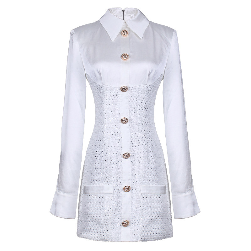 The new chanel-style dress exudes a slender and elegant feminine charm. It features long-sleeved, patchwork, fake two-piece shirt, skirt and short skirt, making you look slimmer Item Picture