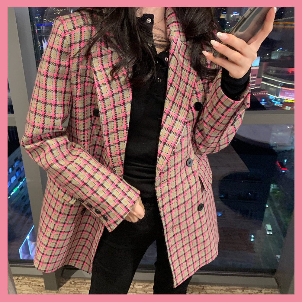 chic pink British-style suit jacket, Spring and Autumn Korean Internet celebrity wool double-breasted waist-cinching versatile checkered coat details Picture