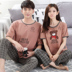 Phim hoạt hình mùa hè cotton couple đồ ngủ nam của Hàn Quốc quần ngắn tay cotton phần mỏng mùa xuân và mùa hè phục vụ nhà phù hợp với phụ nữ đồ bộ ống rộng Cặp đôi